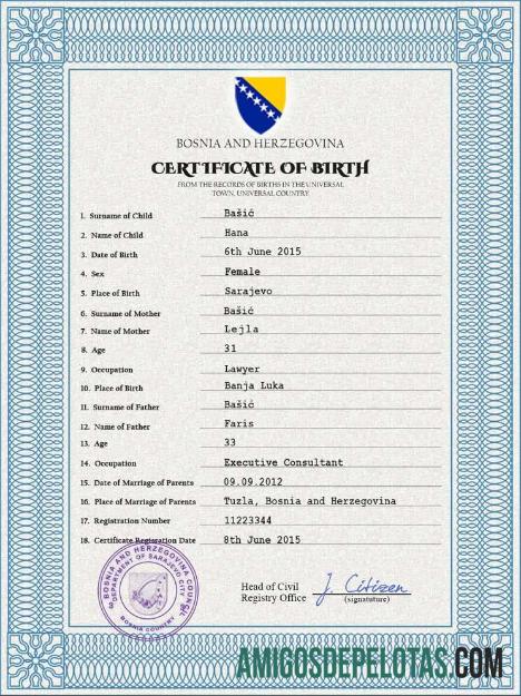 Imprimível modelo PSD de certidão de nascimento da Bósnia e Herzegovina